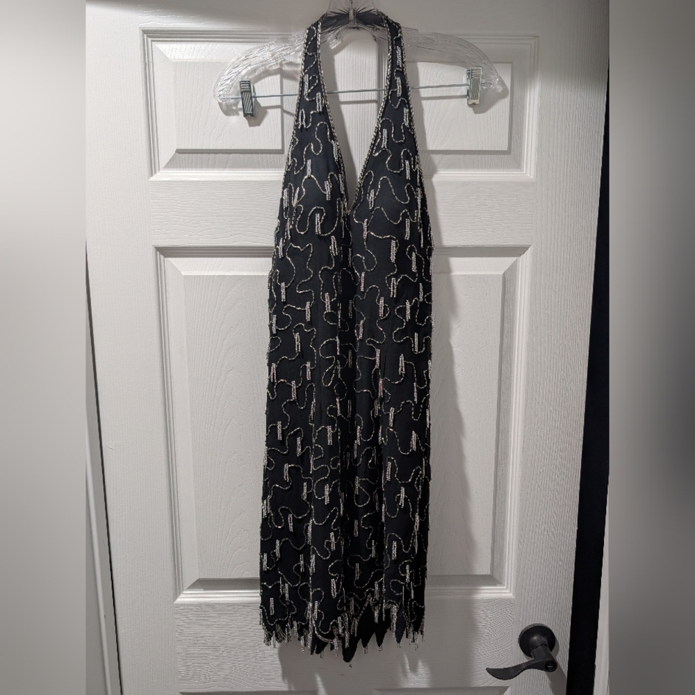 Chic Vintage Black and Silver Beaded Women's Halter Midi Dress Size 8 Petite